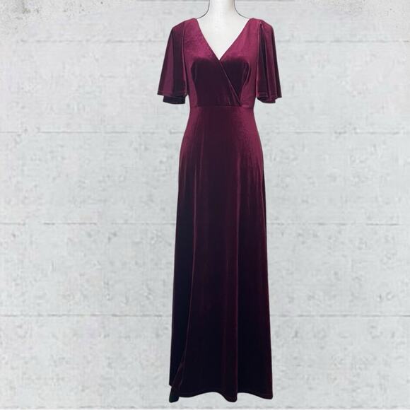 Ever Pretty V Neck Velvet Maxi Dress Flutter Sleeves Burgundy Bridesmaid Size M - Picture 4 of 14